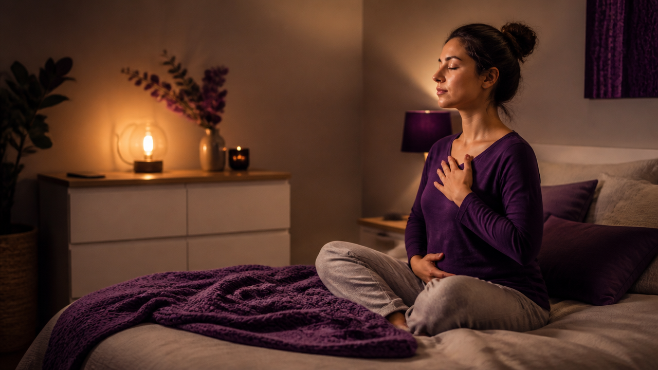 Pessoa fazendo respiração e meditação leve antes de dormir em quarto tranquilo