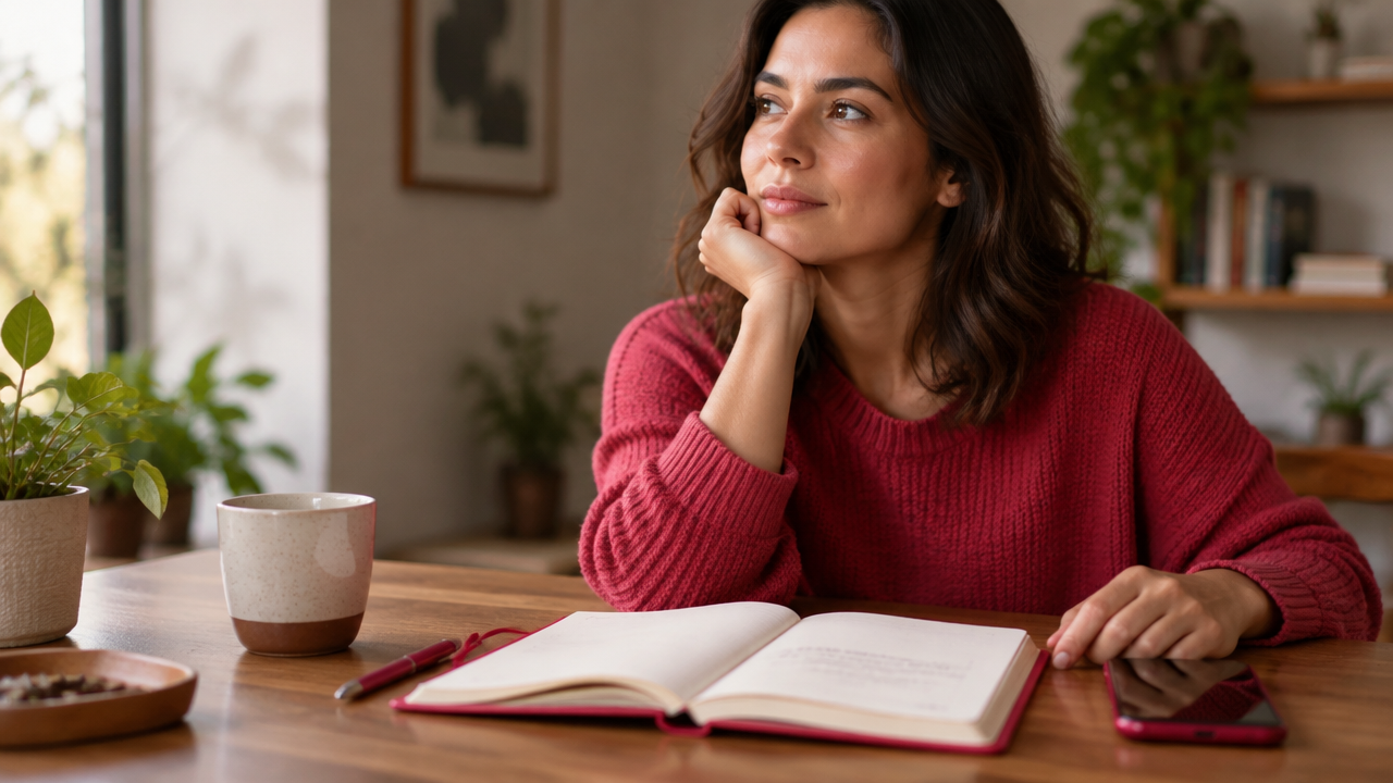 Pessoa fazendo uma pausa antes de uma compra, com celular e caderno sobre a mesa