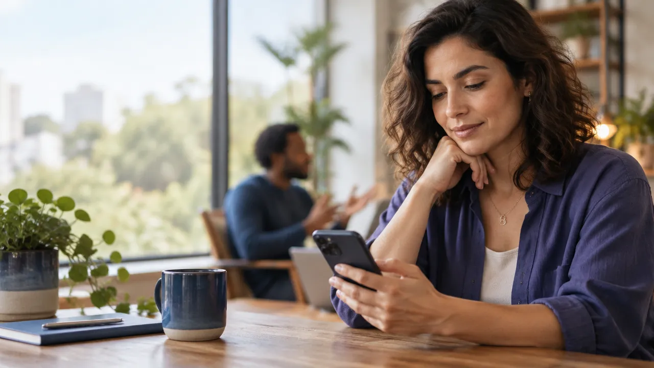Pessoa fazendo uma pausa consciente antes de responder a uma conversa no celular