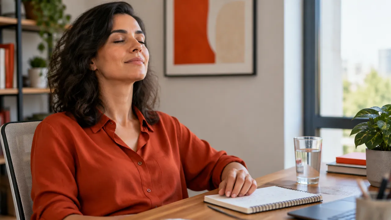 Pessoa fazendo uma pausa consciente diante de um caderno para organizar emoções e fatos