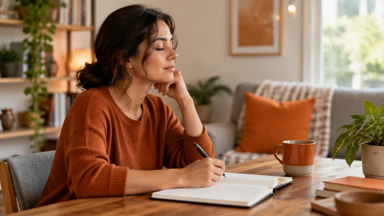Pessoa fazendo uma pausa consciente e registrando emoções em um caderno para praticar autorregulação