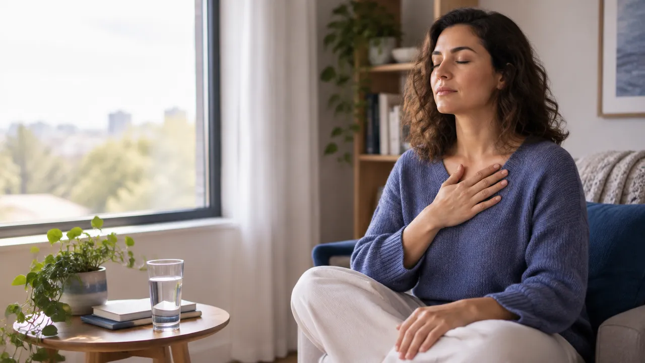 Pessoa fazendo uma pausa consciente junto à janela para acolher e regular uma emoção intensa