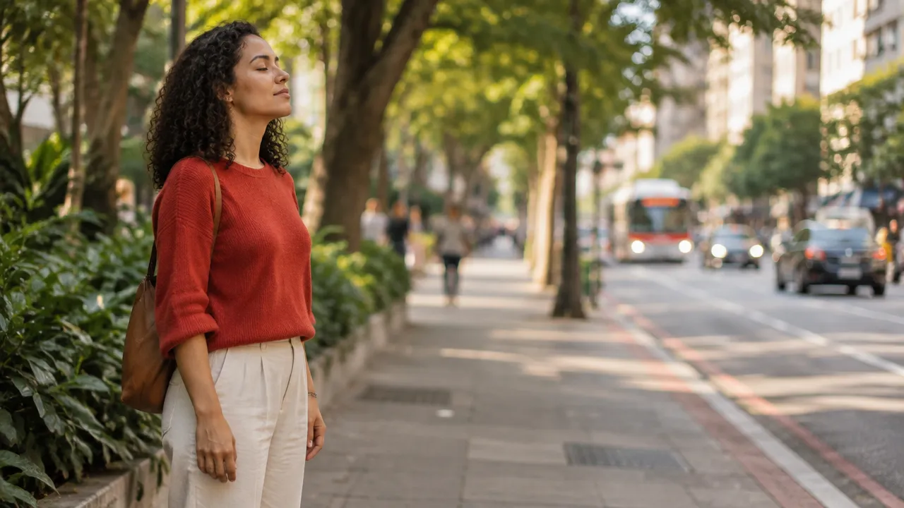 Pessoa fazendo uma pausa consciente junto a um canteiro urbano durante uma caminhada pela cidade