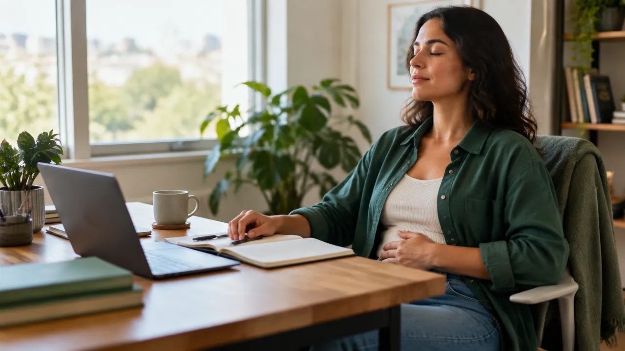Pessoa fazendo uma pausa de respiração consciente durante o trabalho em casa
