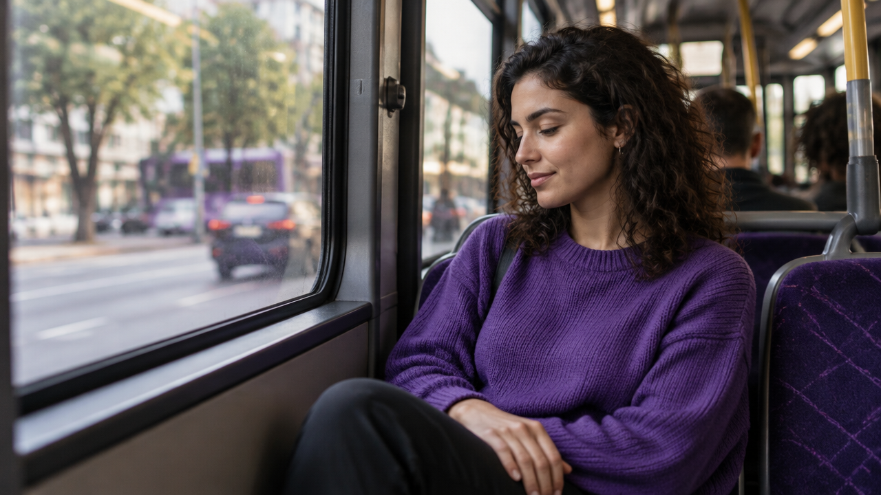 Pessoa fazendo uma pausa de respiração consciente junto à janela de um ônibus urbano