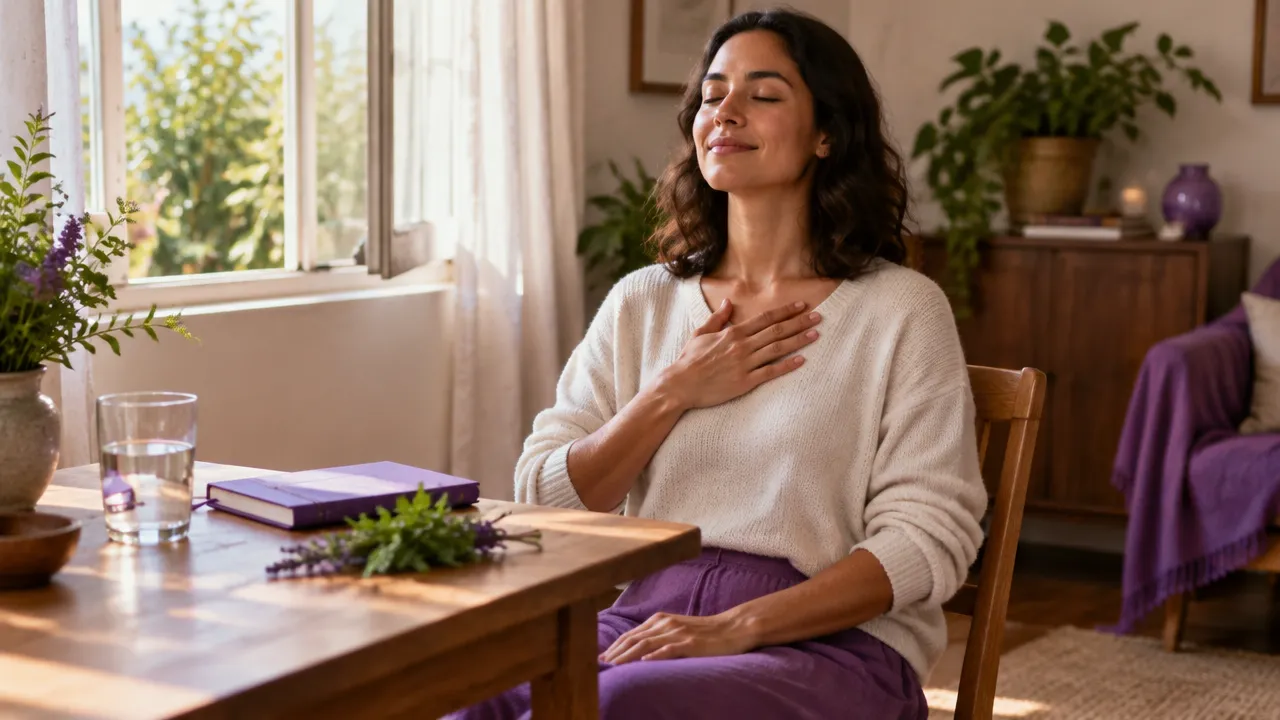 Pessoa fazendo uma pausa de respiração em casa, junto a uma mesa simples com água e ervas