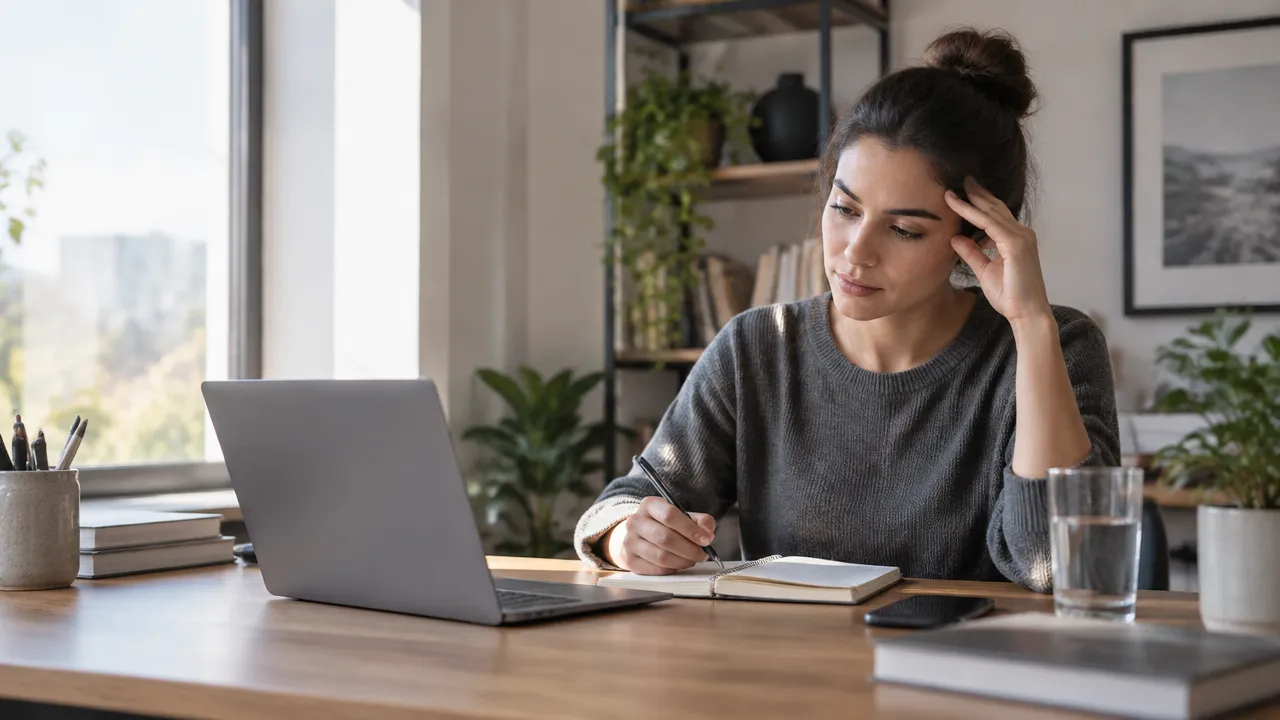 Pessoa fazendo uma pausa diante de um caderno e laptop enquanto organiza os pensamentos