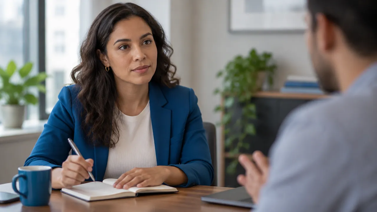 Pessoa fazendo uma pausa e ouvindo com calma durante uma conversa de feedback no trabalho