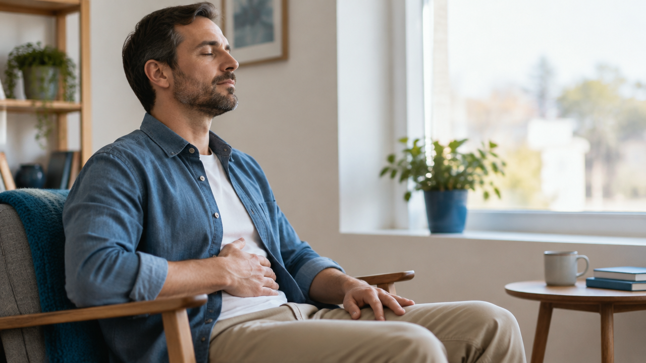 Pessoa fazendo uma pausa e percebendo a respiração antes de reagir a uma emoção