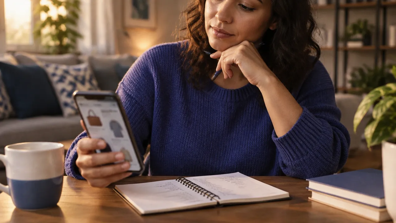 Pessoa fazendo uma pausa para avaliar uma compra online e consultar suas prioridades financeiras