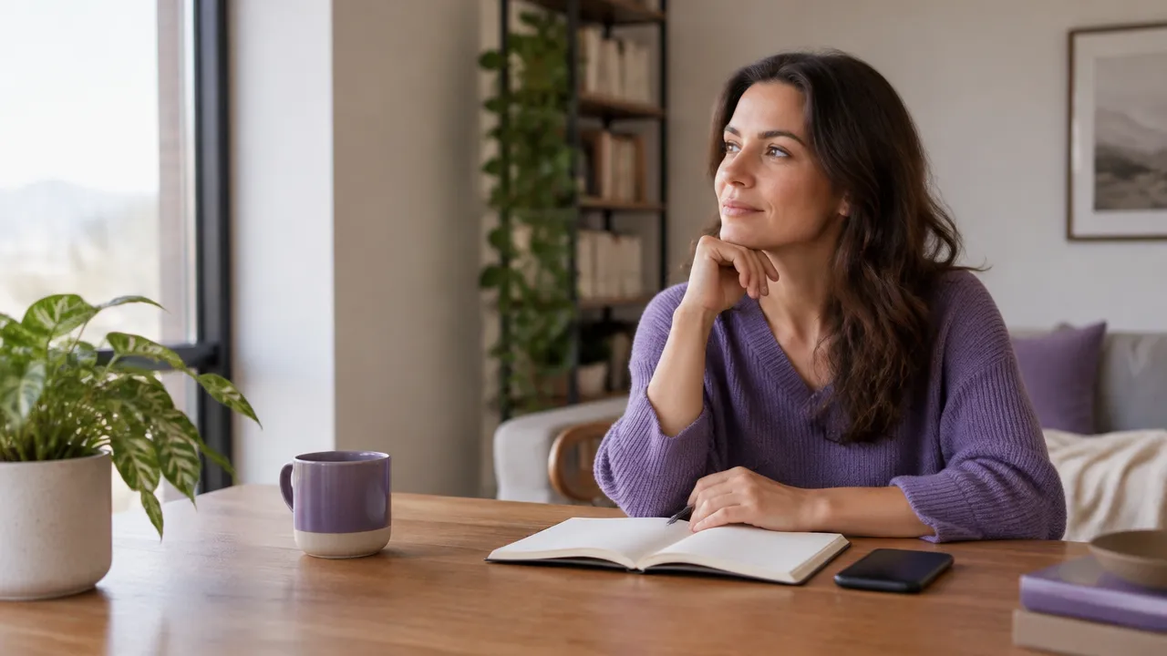 Pessoa fazendo uma pausa reflexiva diante de uma decisão cotidiana, com caderno aberto à mesa