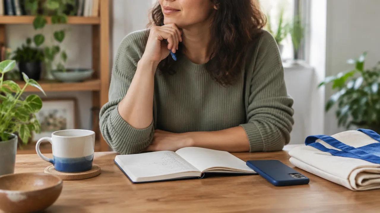 Pessoa fazendo uma pausa reflexiva diante de uma lista de compras antes de decidir comprar