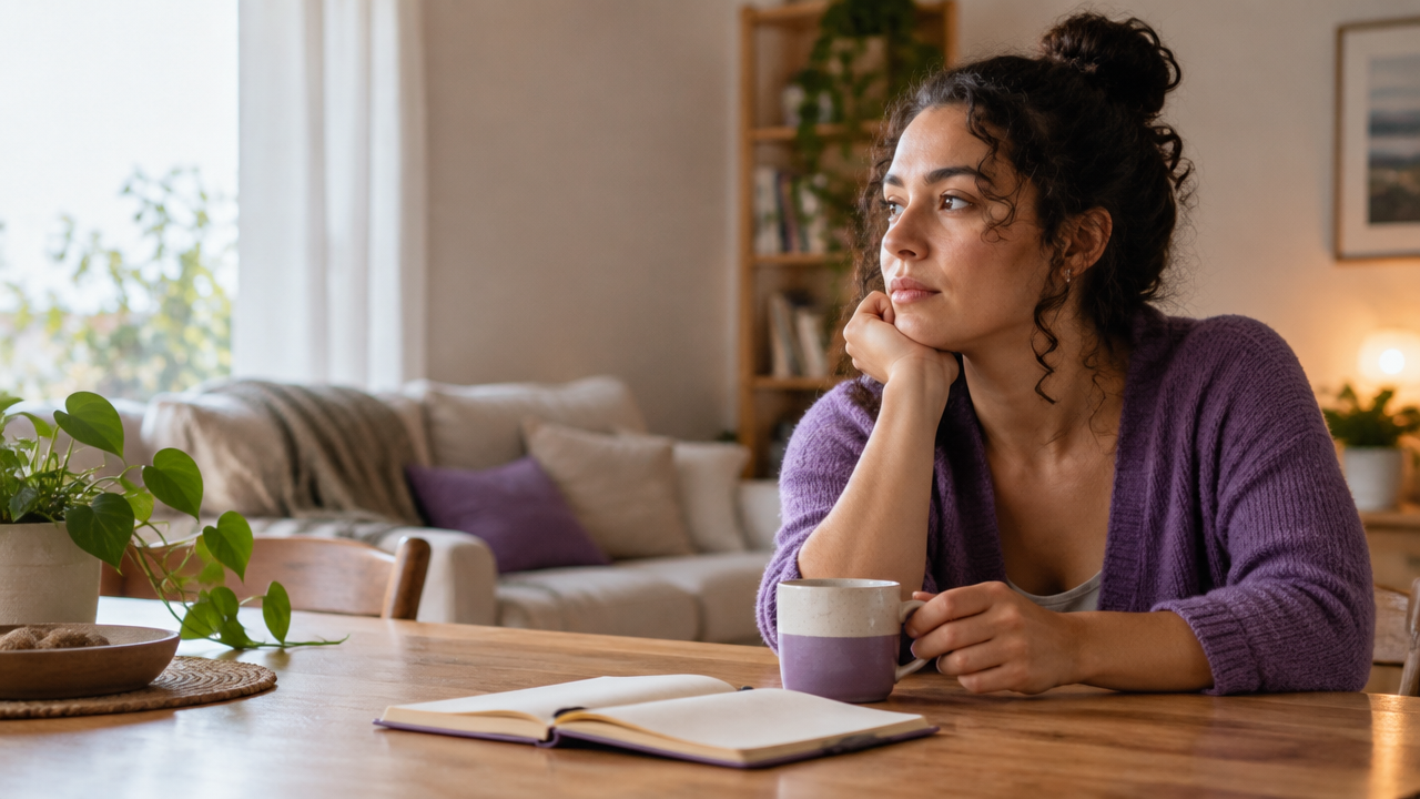 Pessoa fazendo uma pausa reflexiva em casa durante um momento emocional difícil