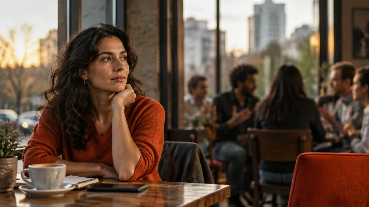 Pessoa fazendo uma pausa reflexiva enquanto conversas polarizadas aparecem desfocadas ao fundo