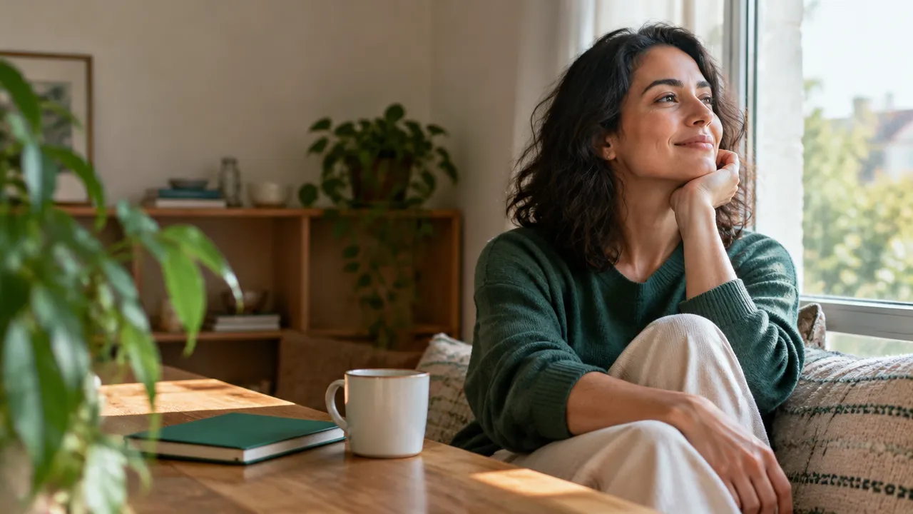 Pessoa fazendo uma pausa tranquila em casa para cuidar do equilíbrio emocional