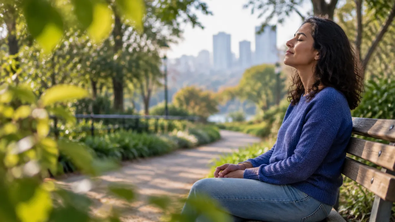Pessoa fazendo uma pausa tranquila em um banco de parque, cercada por árvores e luz natural.