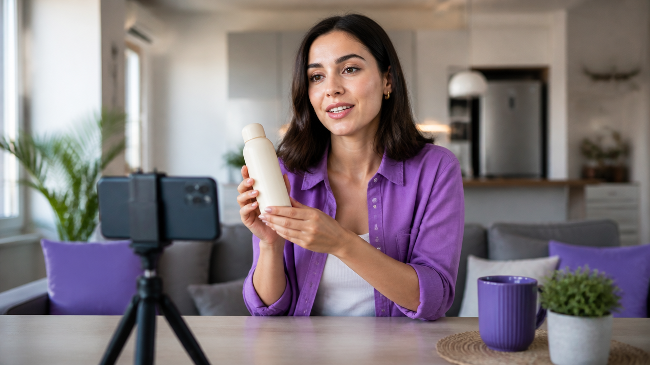 Pessoa gravando depoimento espontâneo de produto com smartphone em casa