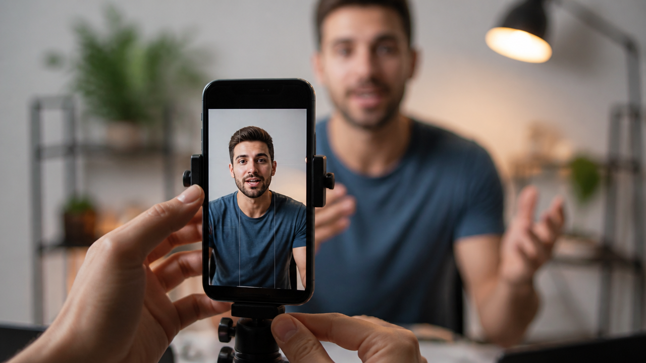 Pessoa gravando um vídeo vertical com enquadramento ajustado para prender a atenção nos primeiros segundos.