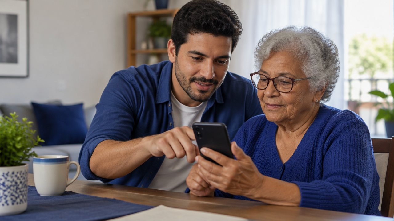 Pessoa idosa recebe ajuda de um familiar para acessar um serviço público digital pelo celular