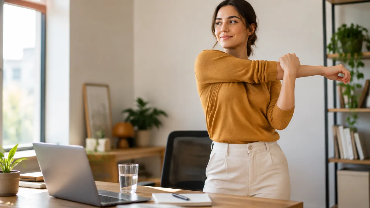 Pessoa interrompe o trabalho para alongar os ombros e fazer uma pausa breve e consciente