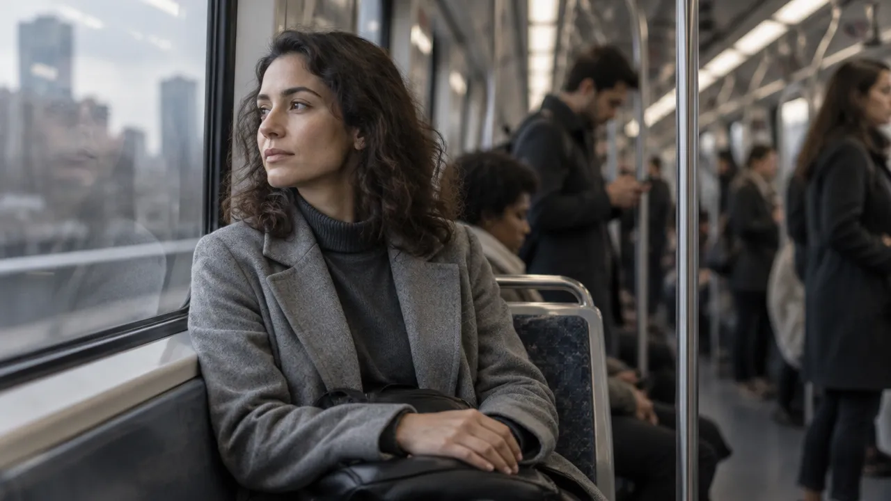 Pessoa mantendo a calma em um vagão de metrô movimentado, ilustrando autorregulação emocional na vida urbana.
