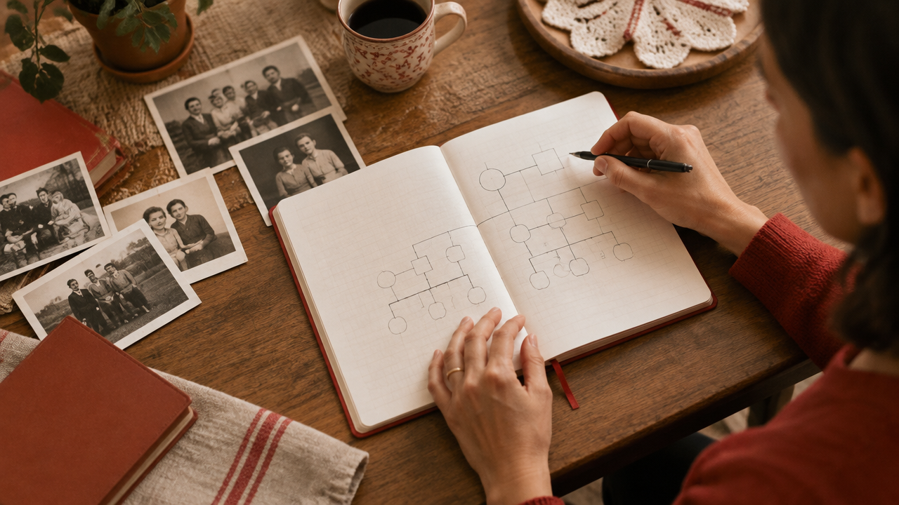 Pessoa mapeando relações de diferentes gerações em um caderno sobre uma mesa
