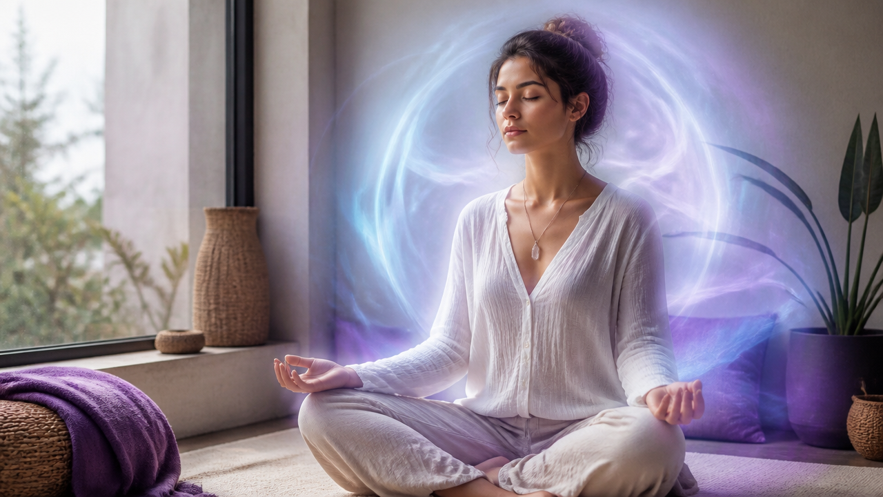 Pessoa meditando em ambiente iluminado, com halo suave representando percepção energética