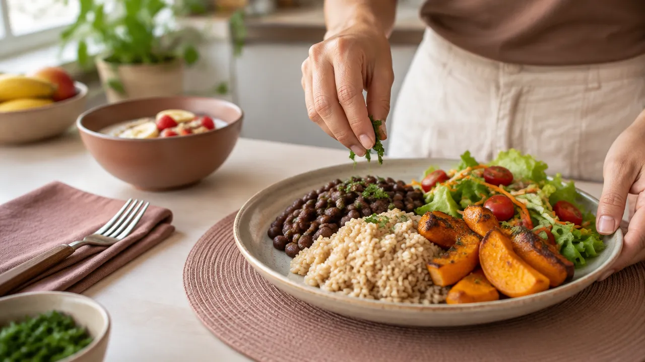 Pessoa montando um prato caseiro com arroz integral, feijão, abóbora e salada como exemplo de refeição com carboidratos variados.