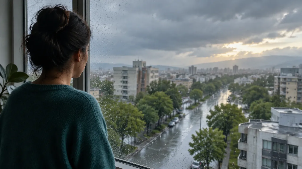 Pessoa observa a cidade após uma tempestade, representando os efeitos emocionais dos eventos climáticos extremos.