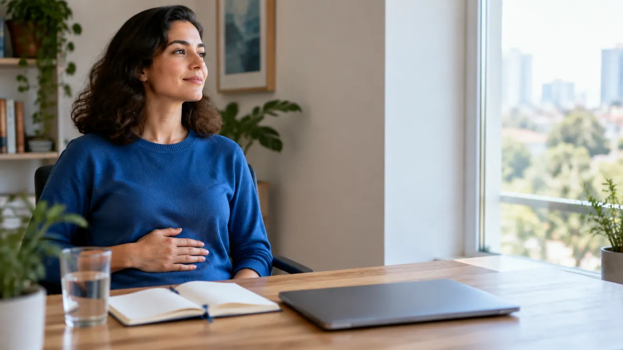 Pessoa observa a respiração por um instante antes de retomar o trabalho, com caderno e copo de água sobre a mesa.