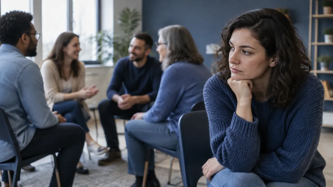 Pessoa observa com desconforto uma conversa em grupo, ilustrando a pressão emocional nas relações sociais.