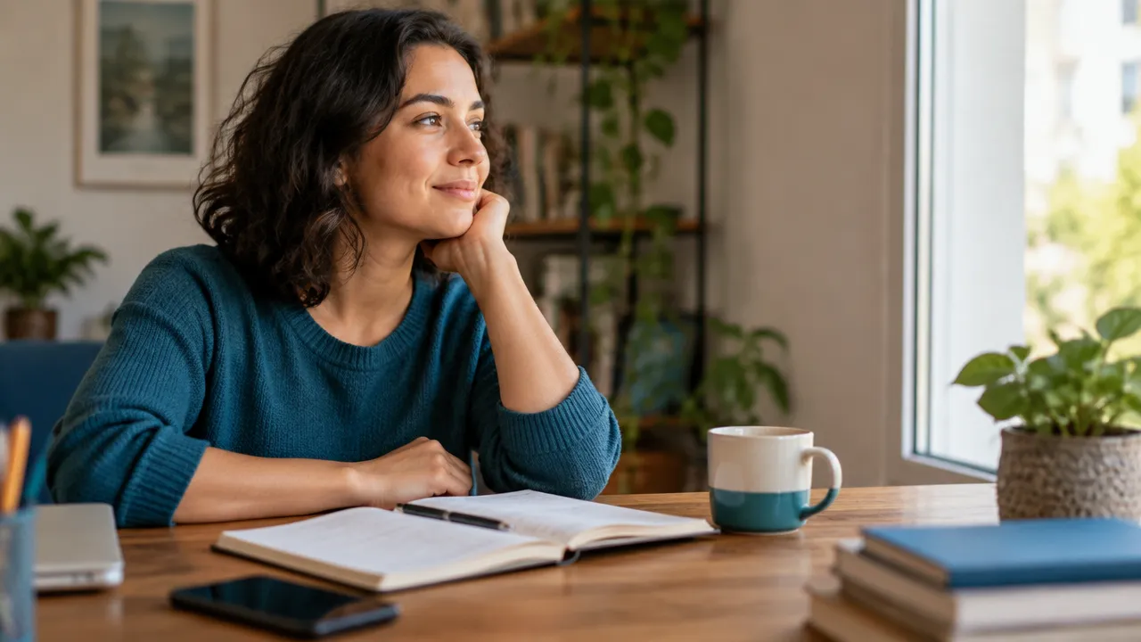 Pessoa observa com gentileza a própria distração durante uma pausa consciente