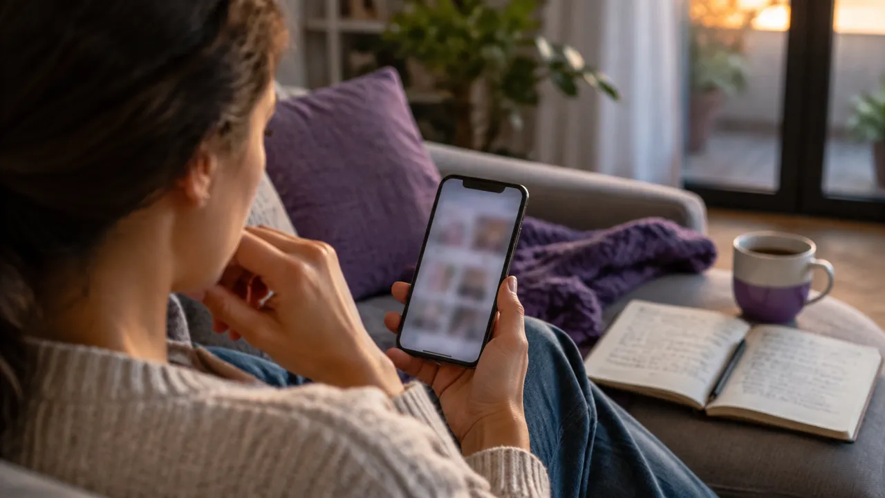 Pessoa observa o celular ao lado de um caderno, ilustrando a diferença entre uma vida real complexa e imagens digitais selecionadas.