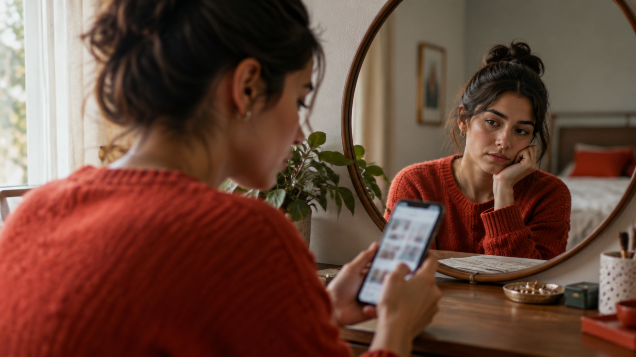 Pessoa observa o celular e seu reflexo, ilustrando como comparação e validação digital podem afetar a percepção de si.