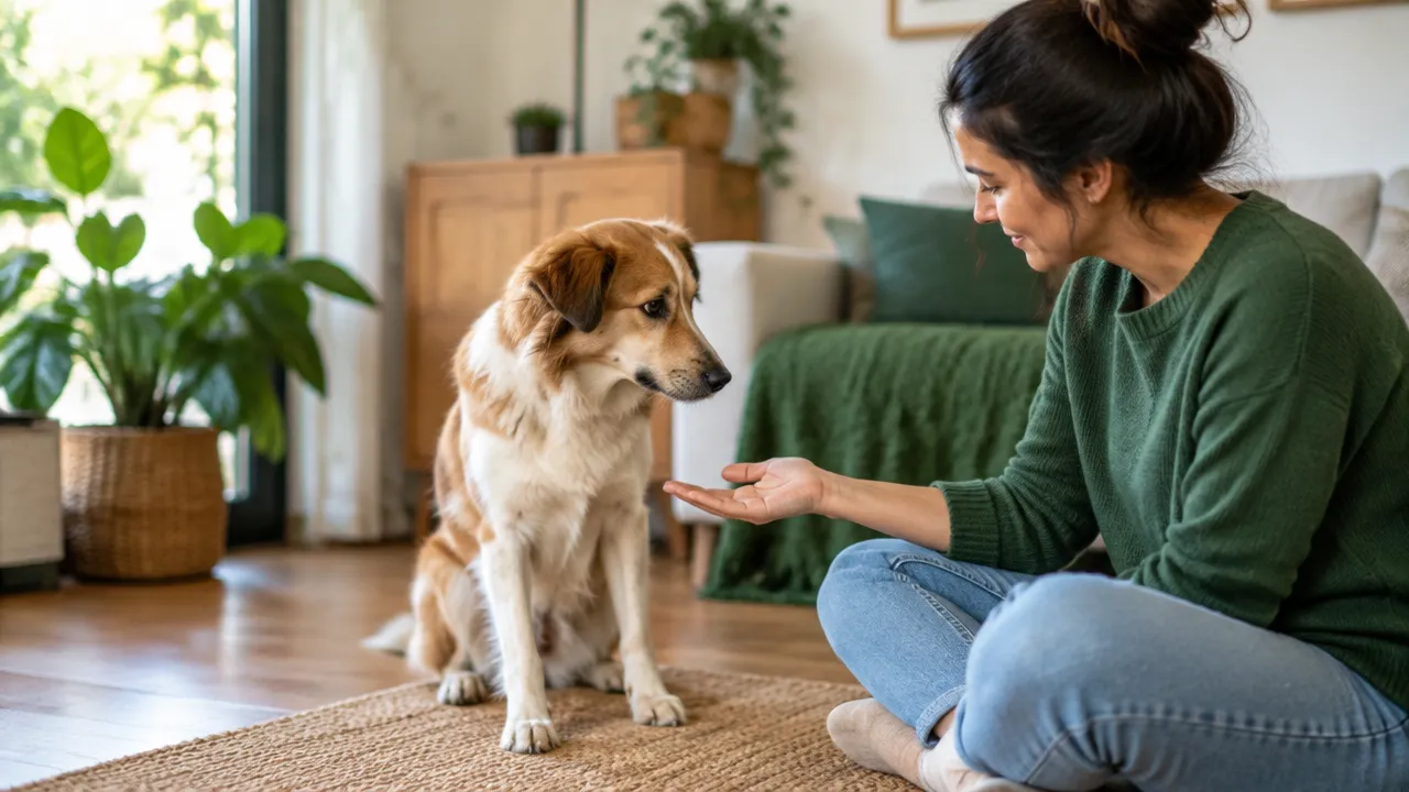 Pessoa oferece a mão com calma a um cão e aguarda sua aproximação, demonstrando atenção aos sinais e limites do animal.