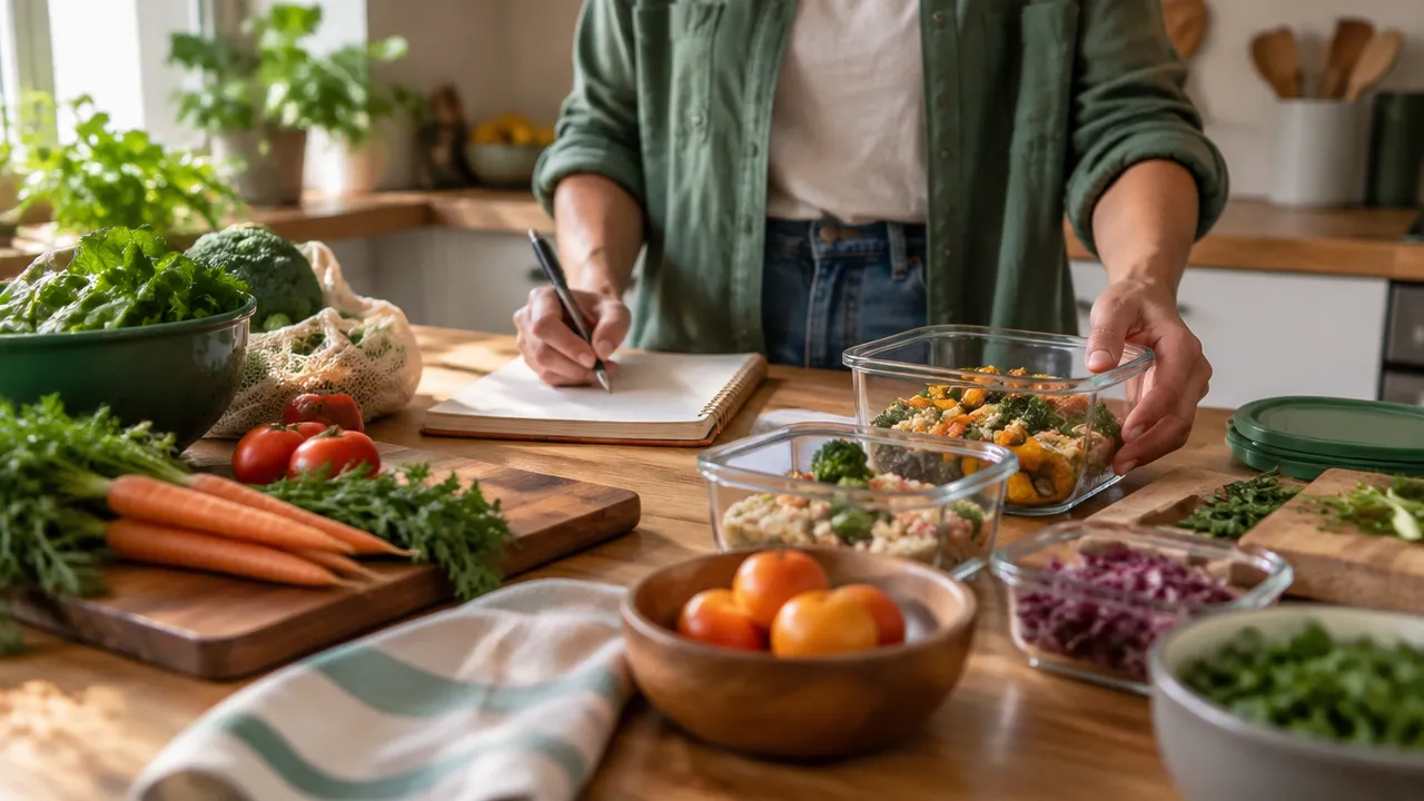 Pessoa organiza alimentos e guarda sobras em recipientes reutilizáveis, reduzindo o desperdício na cozinha.