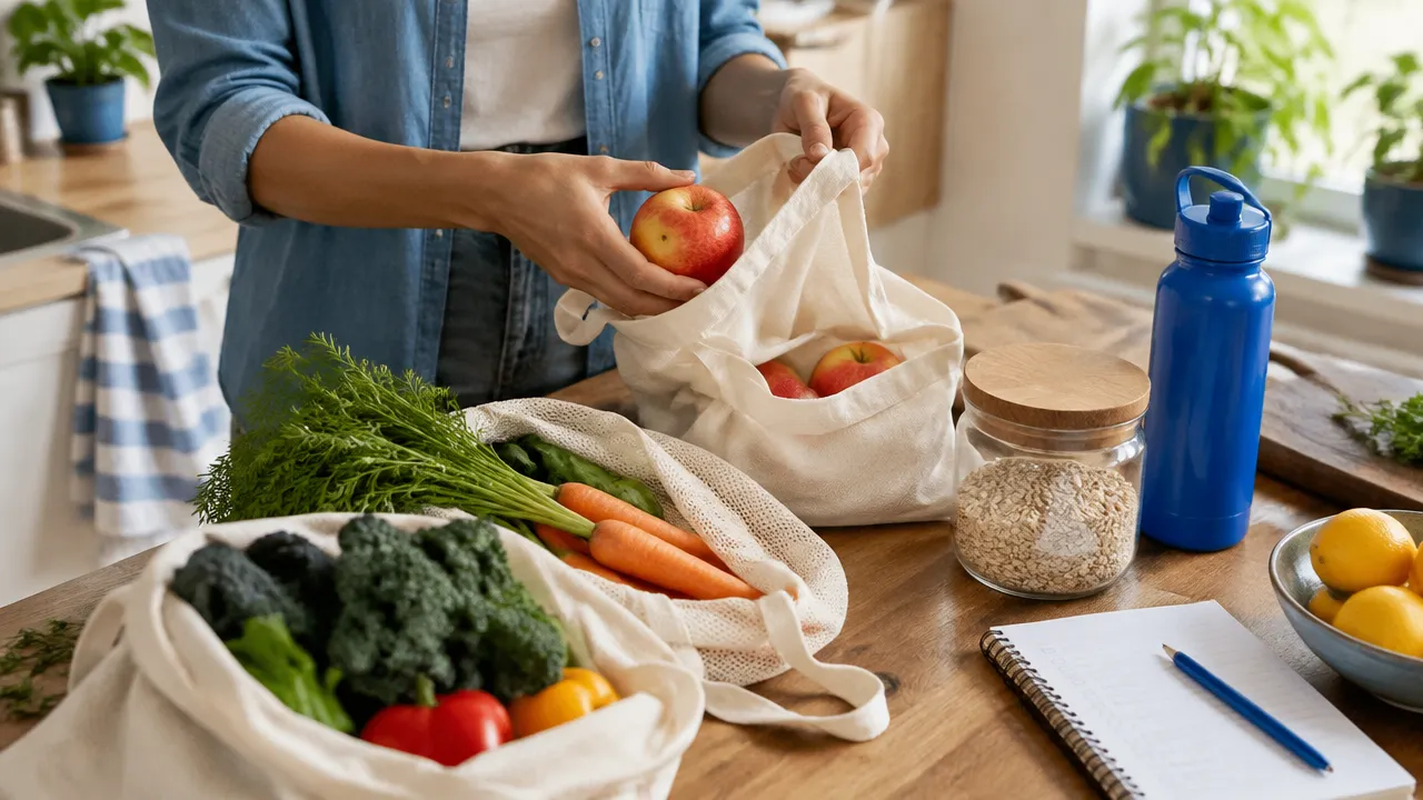 Pessoa organiza alimentos frescos em recipientes reutilizáveis, mostrando escolhas diárias com menor impacto ambiental.