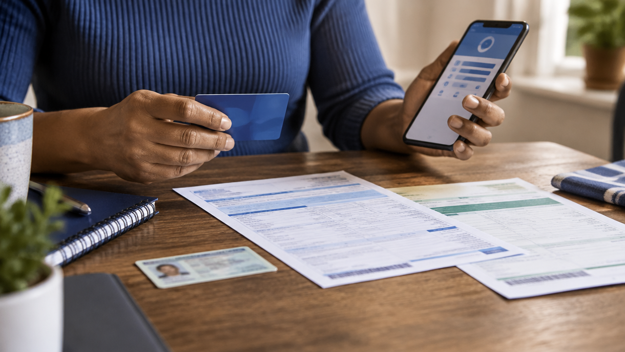 Pessoa organiza documentos, contas de serviços essenciais e celular ao conferir sua possível elegibilidade ao cashback tributário.
