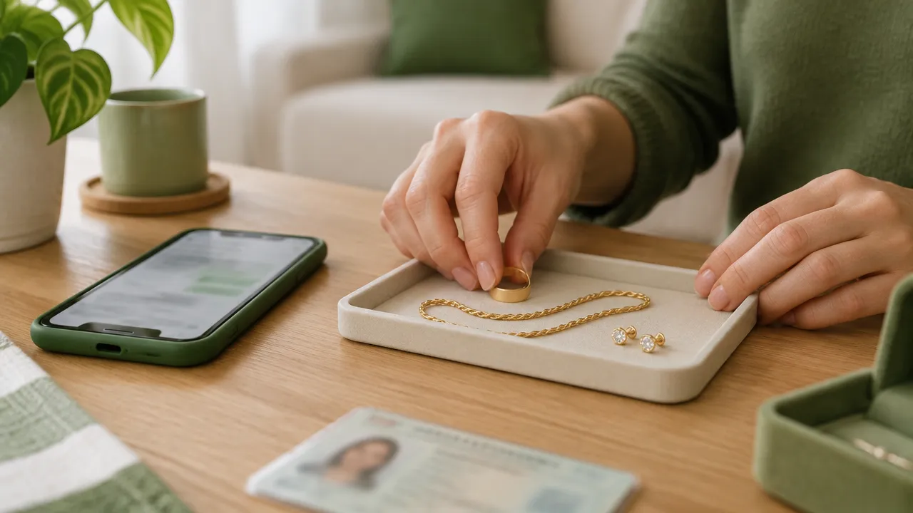 Pessoa organiza joias e se prepara para pedir uma avaliação pelo celular