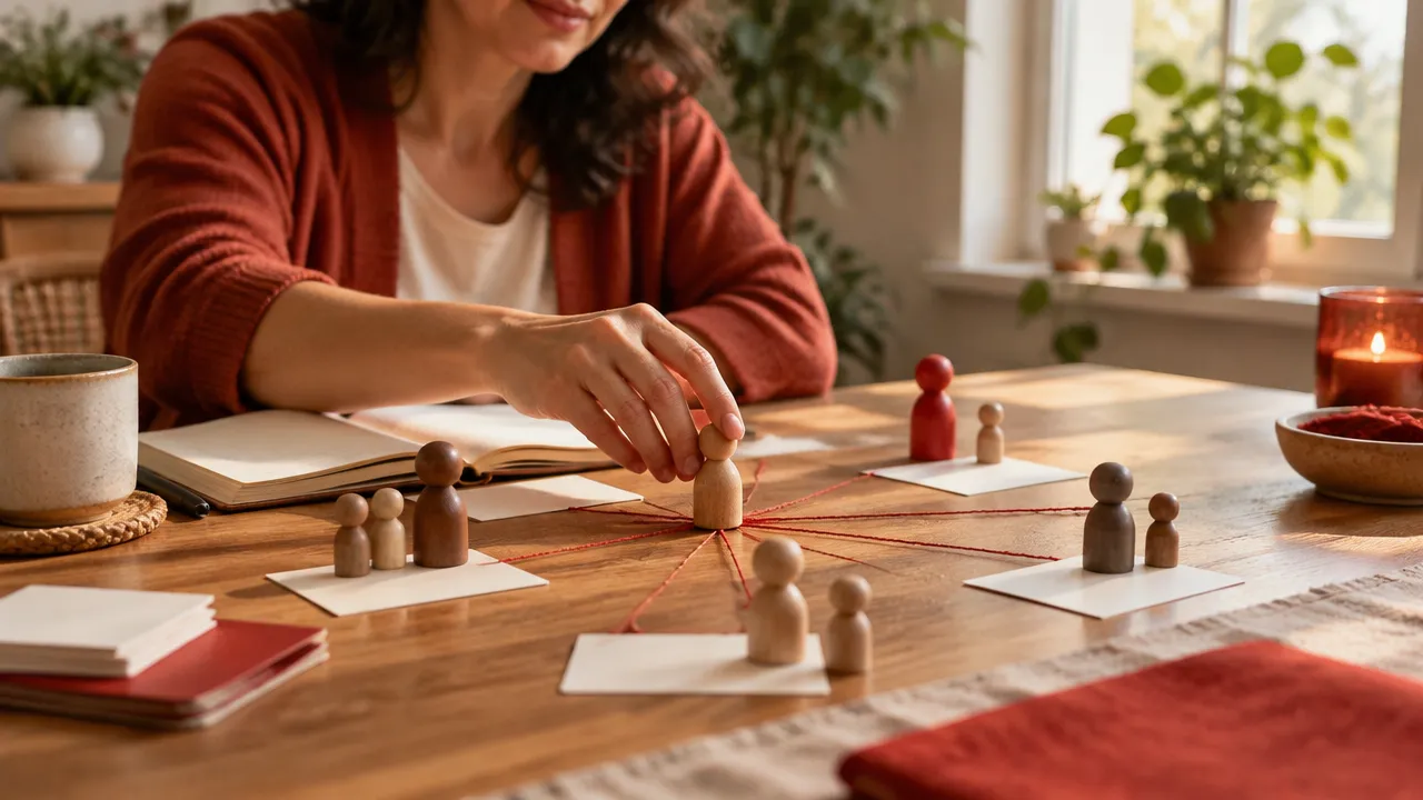 Pessoa organiza peças e cartões em um mapa simbólico para refletir sobre padrões familiares e escolhas pessoais
