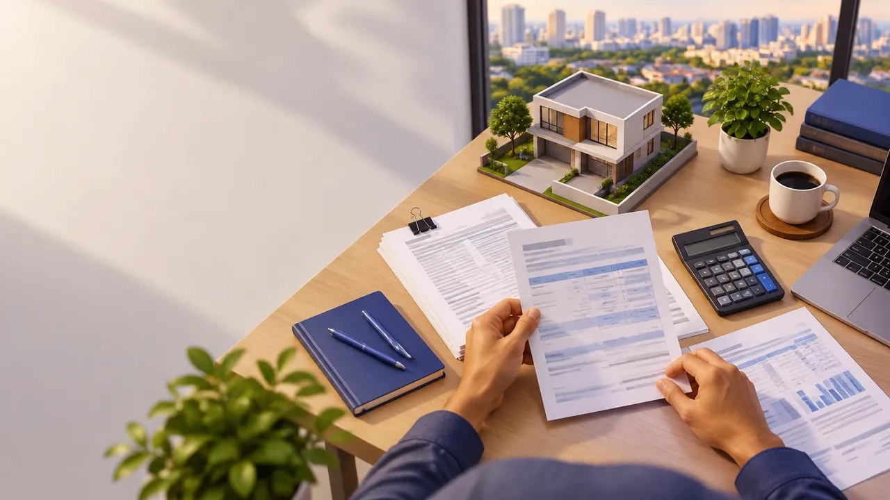 Pessoa organizando documentos financeiros ao lado de uma maquete de casa para planejar financiamento imobiliário