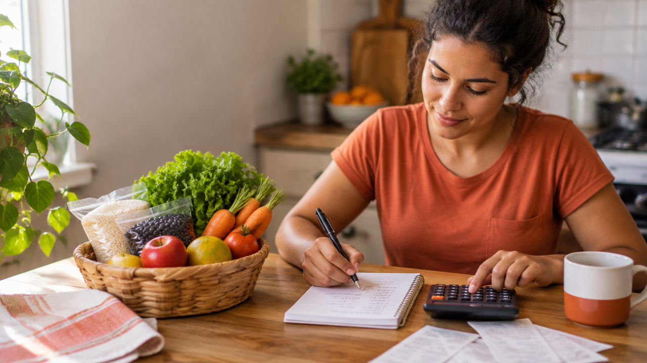 Pessoa organizando lista e orçamento de compras do mês ao lado de alimentos básicos