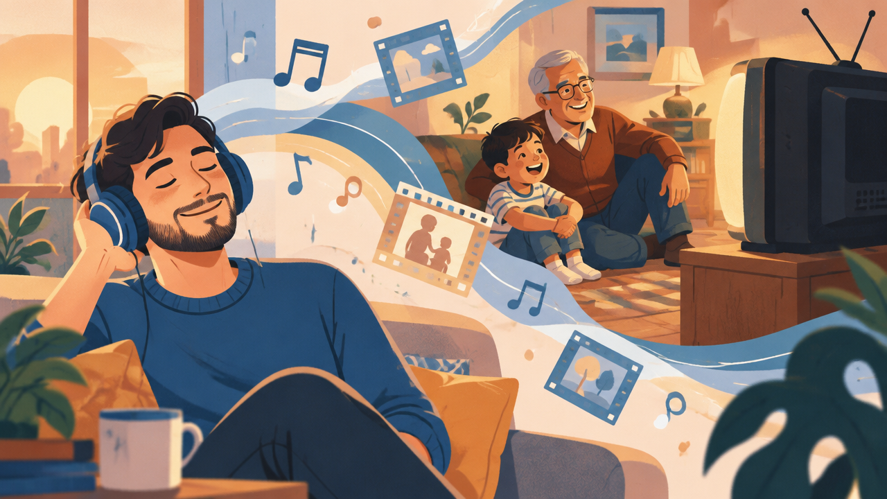 Pessoa ouvindo uma música familiar e recordando uma cena da infância compartilhada em família