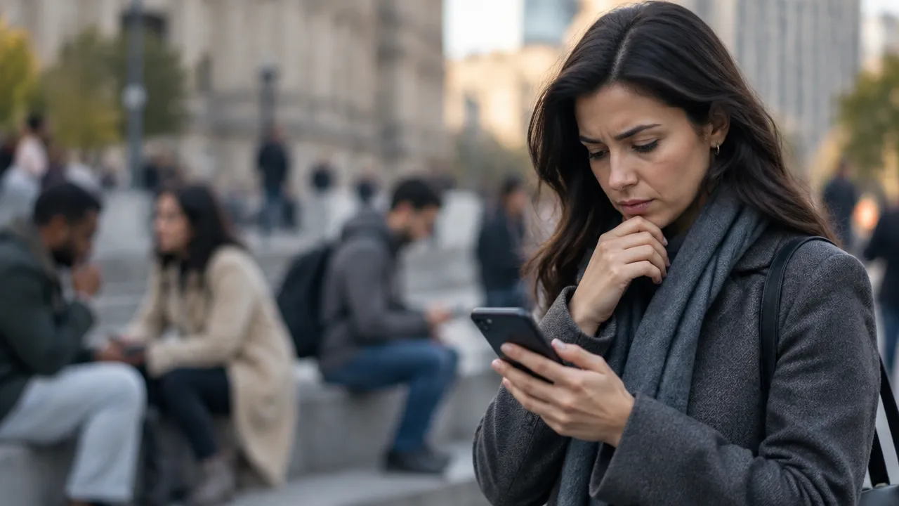 Pessoa pensativa consulta notícias no celular em espaço público, representando o papel das emoções nas escolhas políticas.