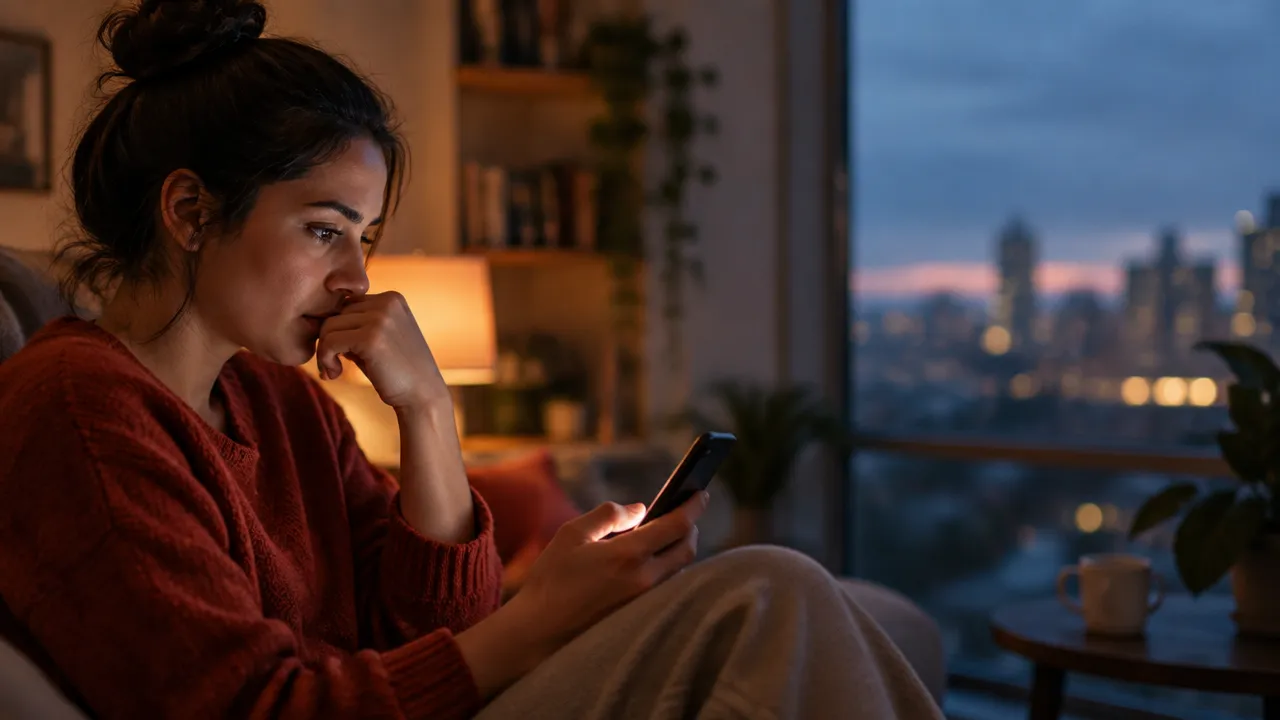Pessoa pensativa olhando o celular à noite, representando ansiedade nas relações e redes sociais