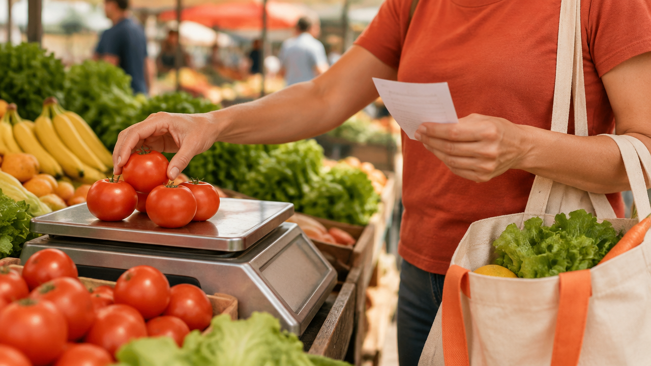 Pessoa pesando tomates na feira enquanto confere uma lista de compras para comparar o custo dos alimentos