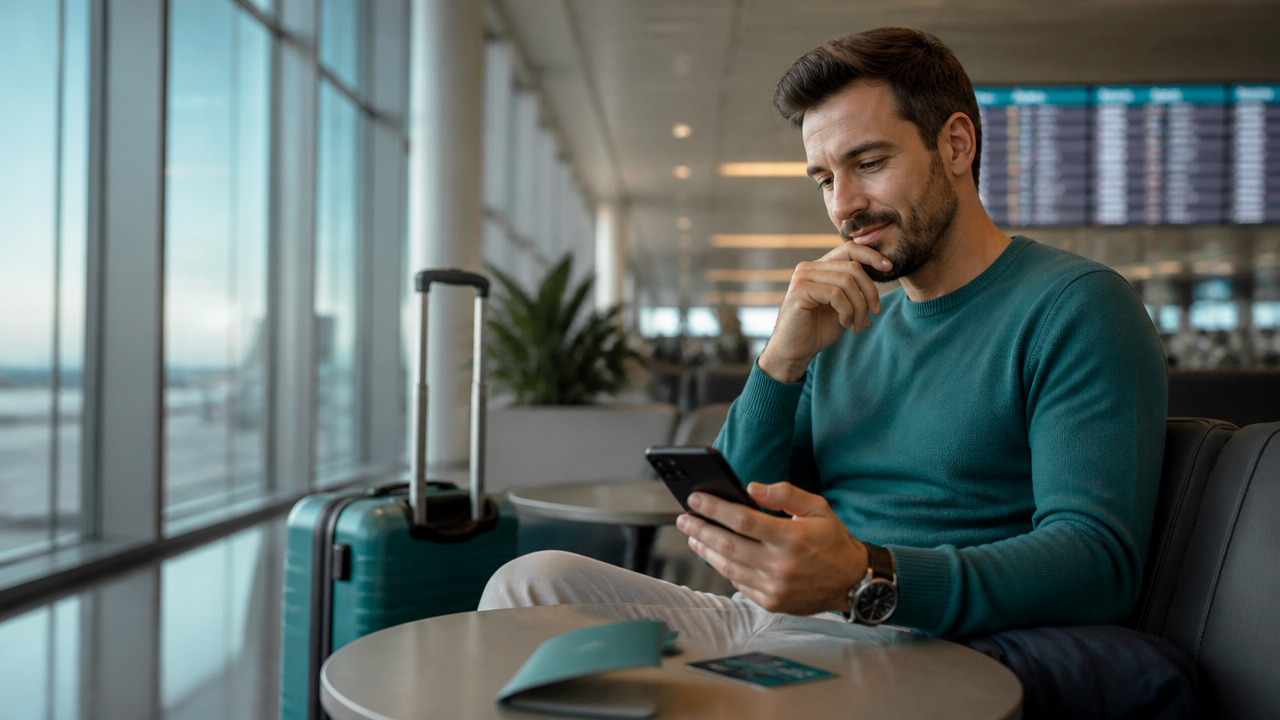 Pessoa planejando compra de passagem aérea mais barata no aeroporto com celular e mala de mão