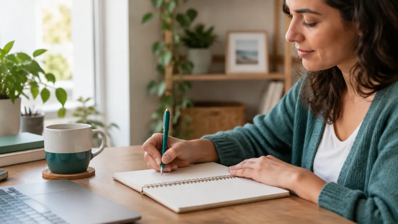 Pessoa planejando uma tarefa realista em um caderno com postura tranquila