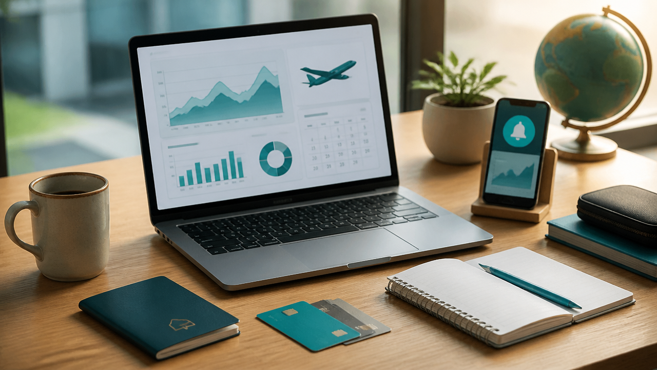 Pessoa planejando viagem com notebook e celular, analisando tarifas aéreas e alertas de preço em uma mesa organizada