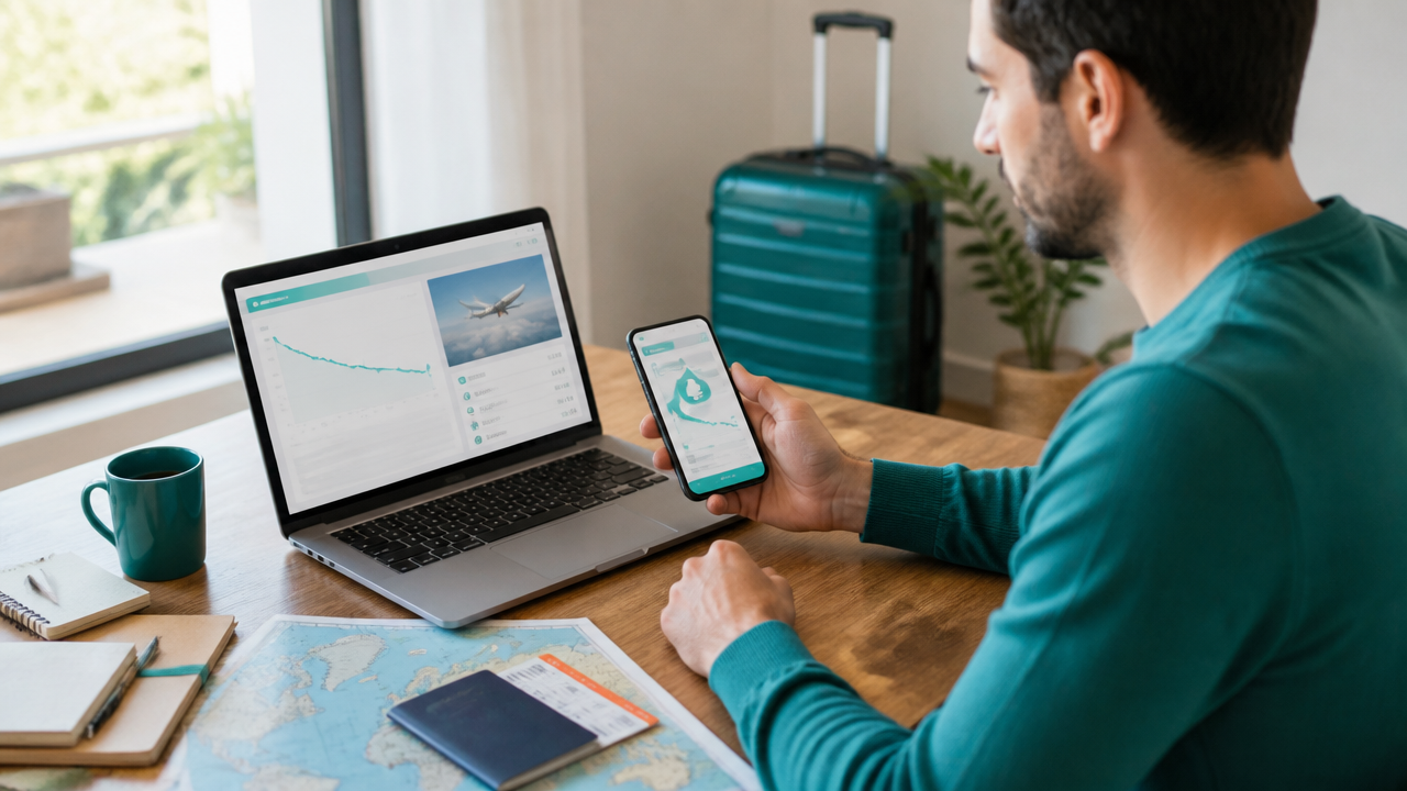 Pessoa planejando viagem internacional no notebook e no celular com alertas de tarifas, passaporte e mala ao fundo